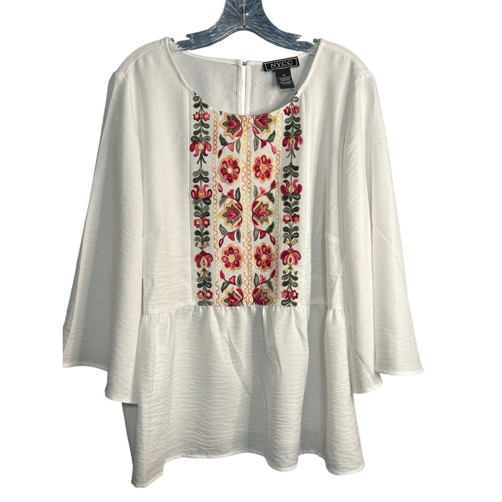 NYCC Womens 2X White Blouse With Floral Embroidery